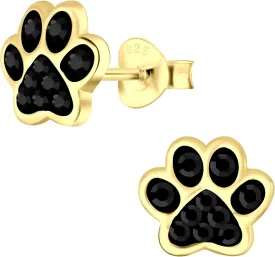 14k Yelow Gold Plated on 925 Sterling Silver with Crystal Paw Print Stud Earrings 5485 (Nickel Free)