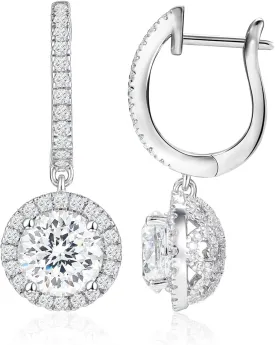 2CT Round Cubic Zirconia Dangle Earrings for Women White Gold Plated, Half Ball Earrings Drops with Iced Flower, Cz Halo Earrings for Wedding Bridesmaid Bride