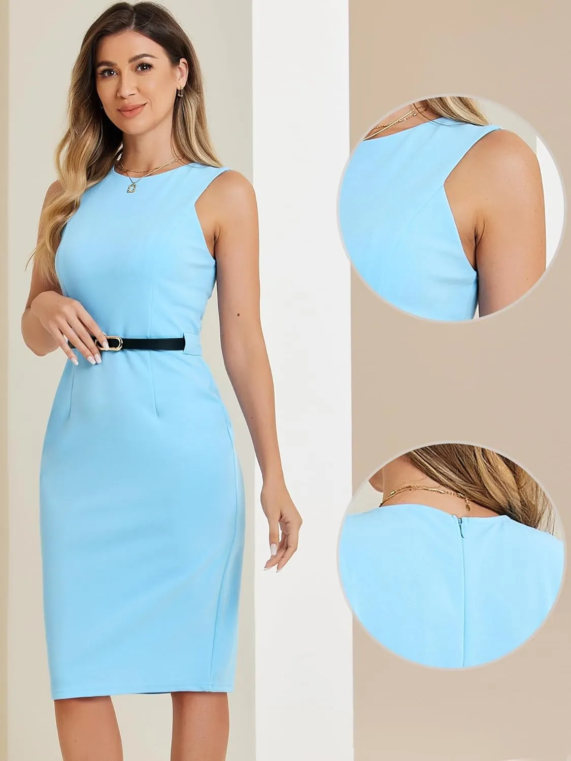 Allegra K Sleeveless Sheath Dress for Women's Office Round Neck Belted Business Pencil Dresses