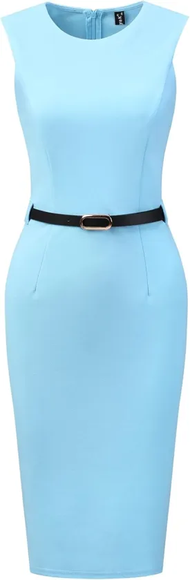 Allegra K Sleeveless Sheath Dress for Women's Office Round Neck Belted Business Pencil Dresses