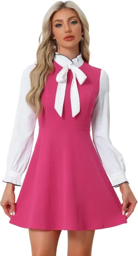 Allegra K Tie Neck Dresses for Women's 1960s Vintage Long Sleeve Contrast Color Dress