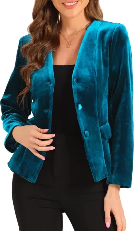 Allegra K Work Blazers for Women V Neck Long Sleeves Shoulder Pads Business Casual Velvet Jackets