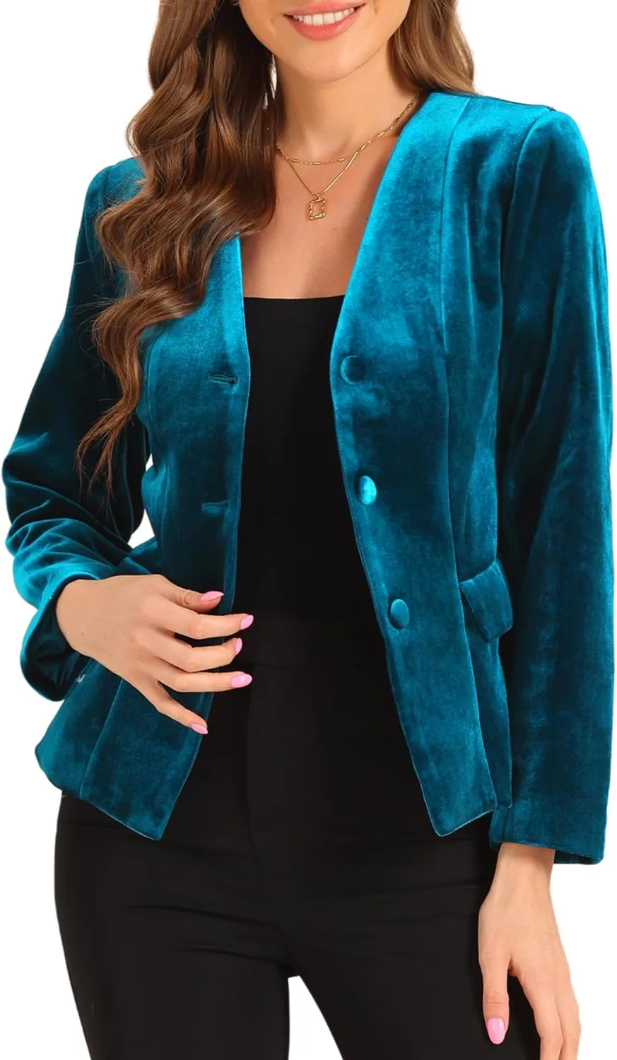 Allegra K Work Blazers for Women V Neck Long Sleeves Shoulder Pads Business Casual Velvet Jackets