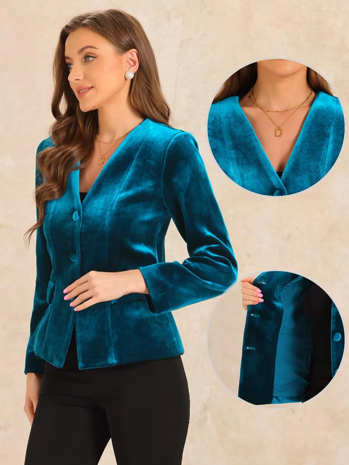 Allegra K Work Blazers for Women V Neck Long Sleeves Shoulder Pads Business Casual Velvet Jackets