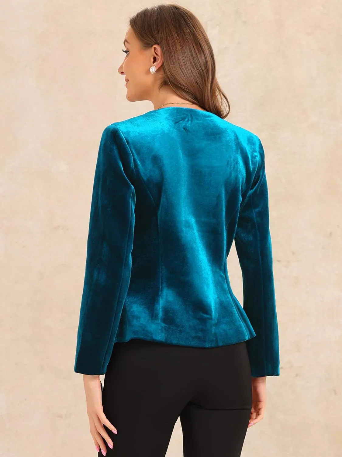 Allegra K Work Blazers for Women V Neck Long Sleeves Shoulder Pads Business Casual Velvet Jackets