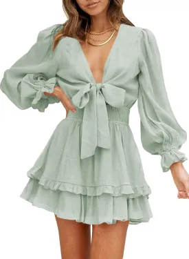AlvaQ Womens Dresses Spring Summer Knot Front V Neck Ruffles Long Sleeve Floral Print Swing Mini Dress