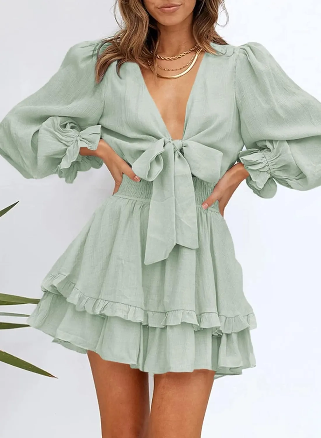 AlvaQ Womens Dresses Spring Summer Knot Front V Neck Ruffles Long Sleeve Floral Print Swing Mini Dress