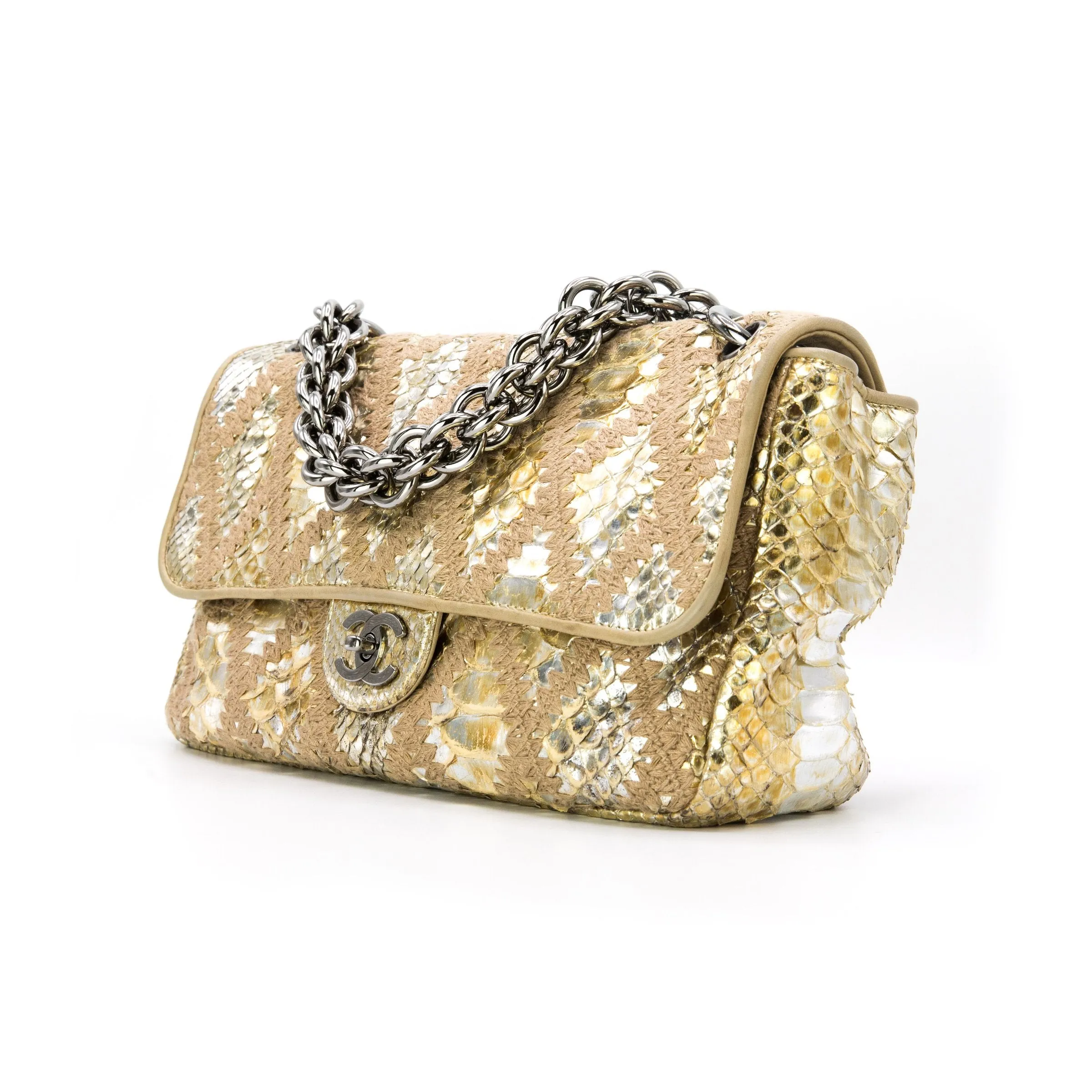 CHANEL METALLIC GOLD PYTHIN CROCHET FLAP BAG