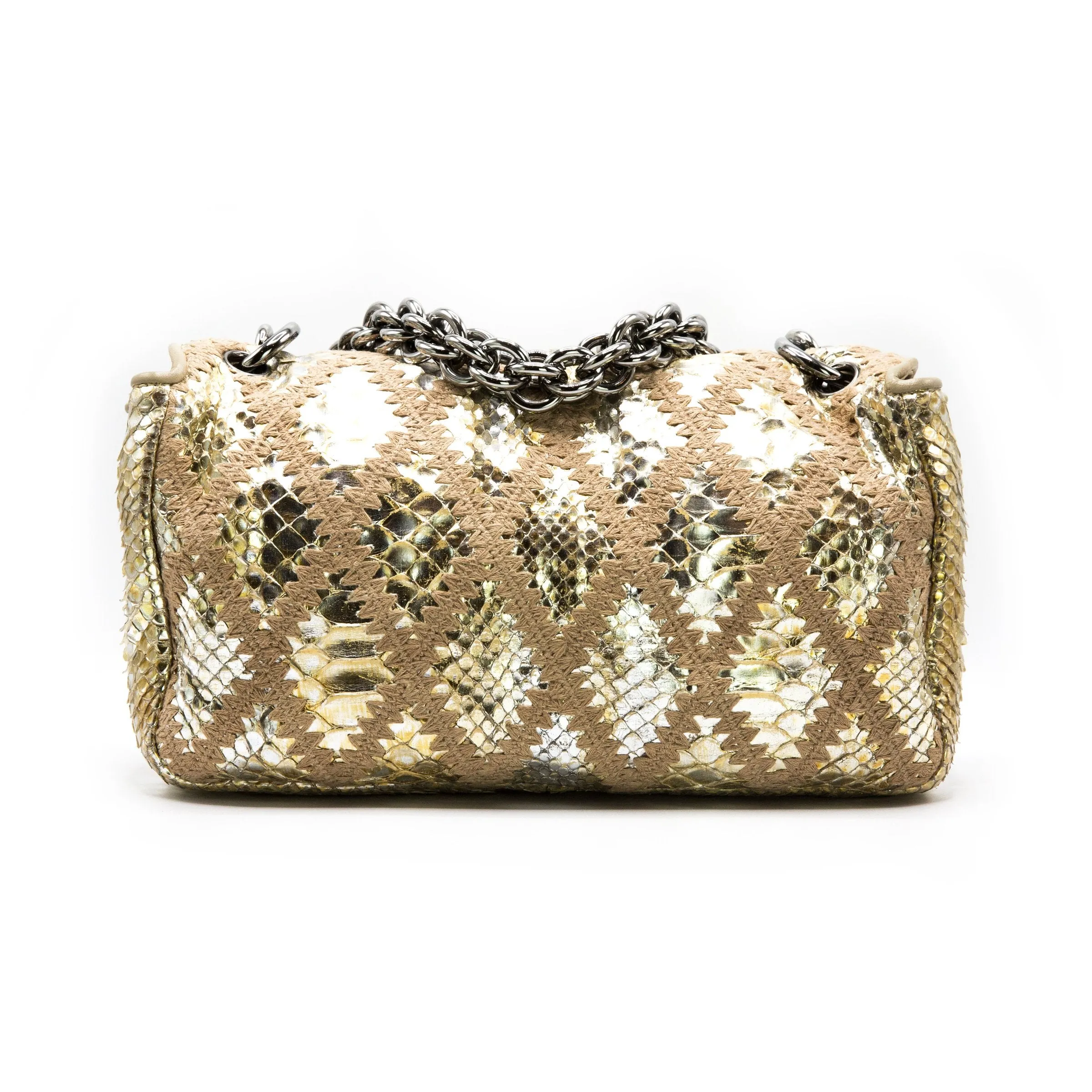 CHANEL METALLIC GOLD PYTHIN CROCHET FLAP BAG
