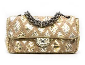 CHANEL METALLIC GOLD PYTHIN CROCHET FLAP BAG
