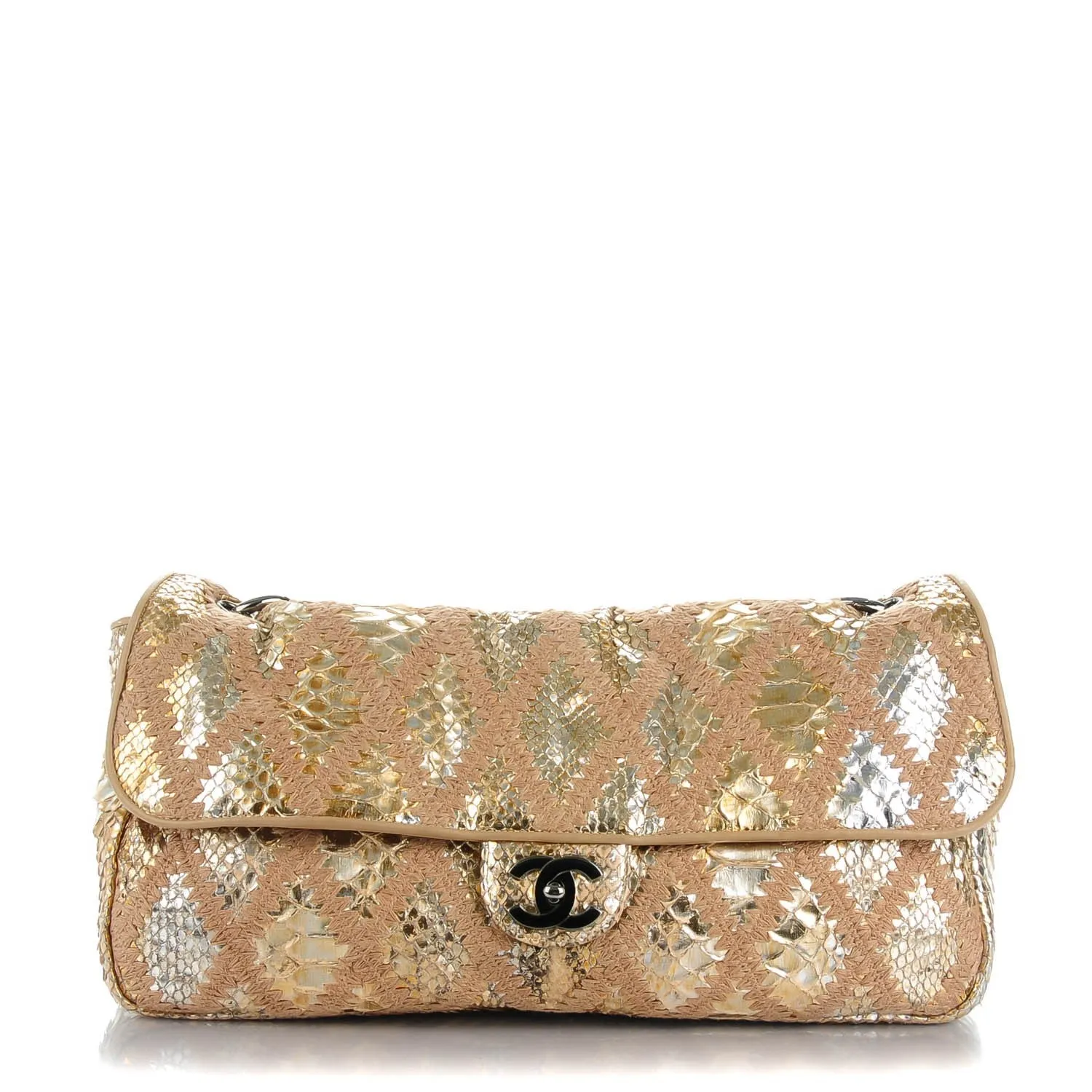 CHANEL METALLIC GOLD PYTHIN CROCHET FLAP BAG