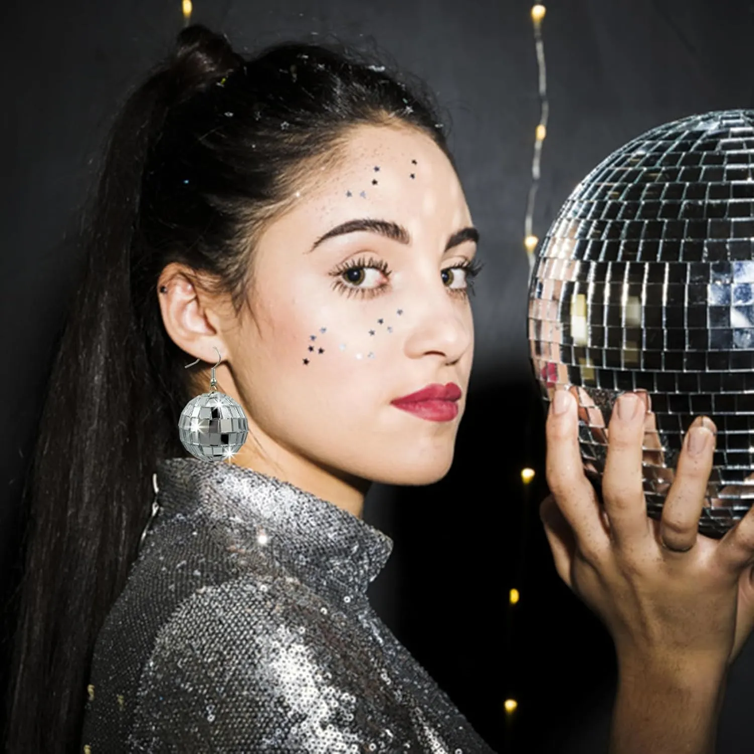 Disco Ball Earrings Punk Colorful Silver Gold Star Disco Mirrorball Earrings Halloween Costume Accessory