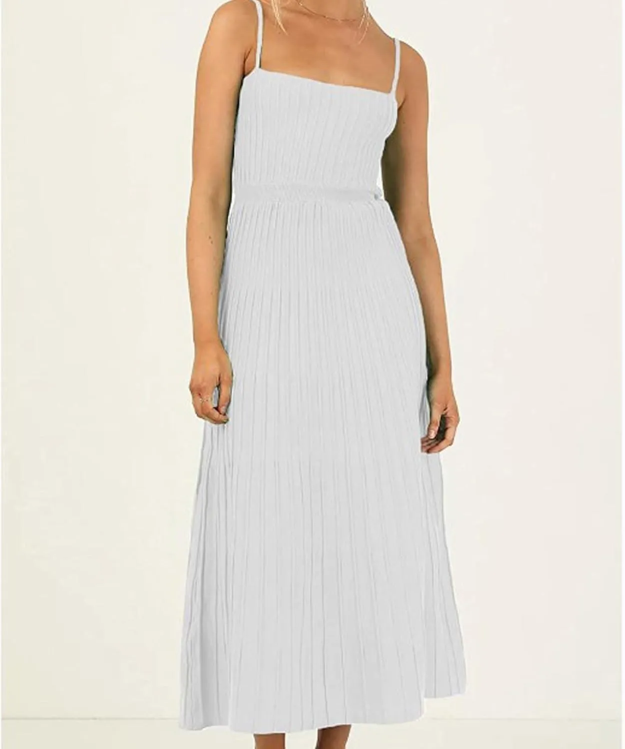 ECDAHICC Women's Ribbed Knit Maxi Dress Elegant Spaghetti Straps Square Neck Pleated A Line Party Long Sling Sundress