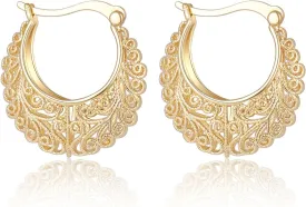 Filigree Gold Hoop Earrings Vintage Small Earrings for Women