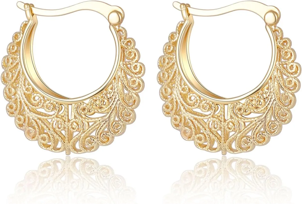 Filigree Gold Hoop Earrings Vintage Small Earrings for Women