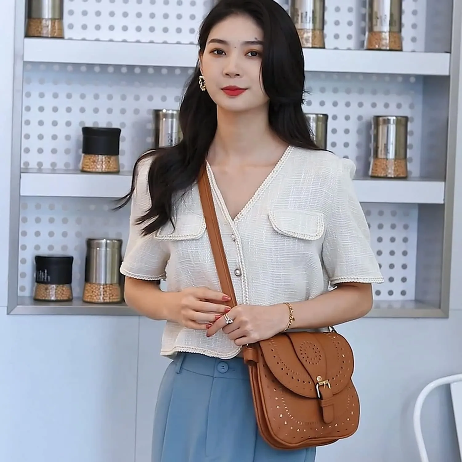 forestfish Ladie's PU Leather Vintage Hollow Bag Crossbody Bag Shoulder Bag
