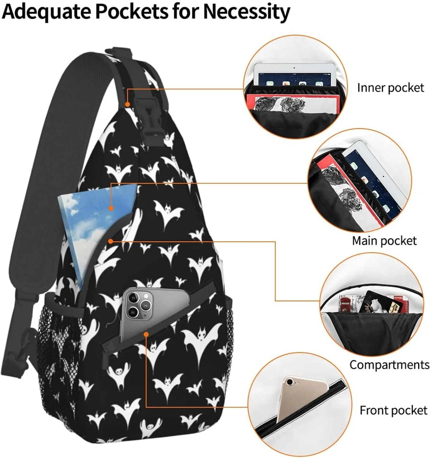 Halloween Goth Bats And Moon Sling Backpack Hiking Backpack Crossbody Bag Sports Lightweight And waterproof Chest Bag Shoulder Bag For Women Men