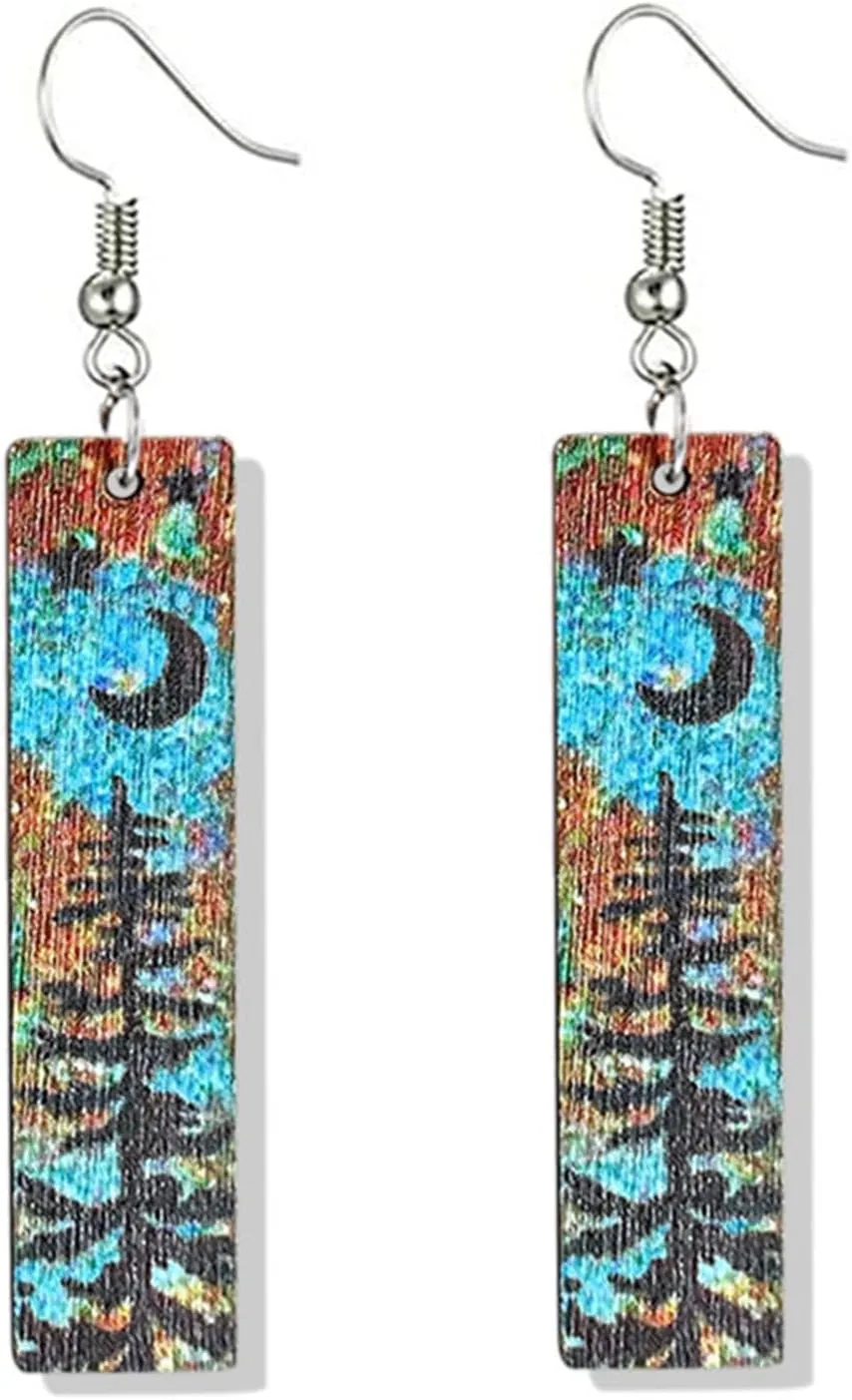 Handmade Vintage Lightweight Moon Star Bar Mountain Earrings for Women Bohemian Retro Snow Mountain Wooden Earrings for Skiers, Hikers, Campers, Climbers,Nature Lovers
