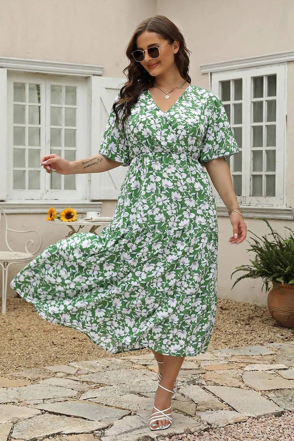 Keluummi Plus Size Summer Wedding Guest Maxi Dresses for Curvy Women, Casual Floral 3/4 Sleeve Emipre Waist V Neck Long Dress