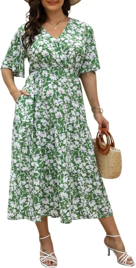 Keluummi Plus Size Summer Wedding Guest Maxi Dresses for Curvy Women, Casual Floral 3/4 Sleeve Emipre Waist V Neck Long Dress