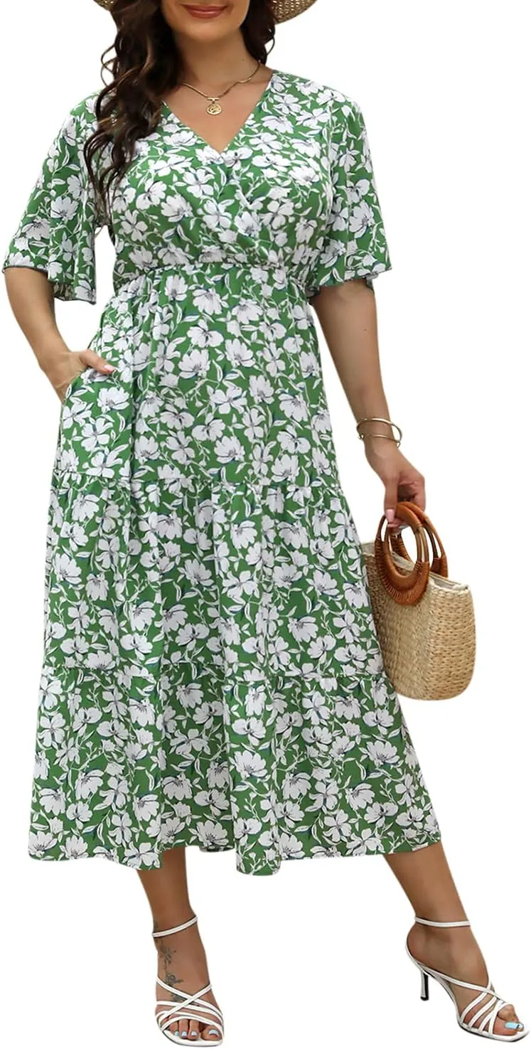 Keluummi Plus Size Summer Wedding Guest Maxi Dresses for Curvy Women, Casual Floral 3/4 Sleeve Emipre Waist V Neck Long Dress
