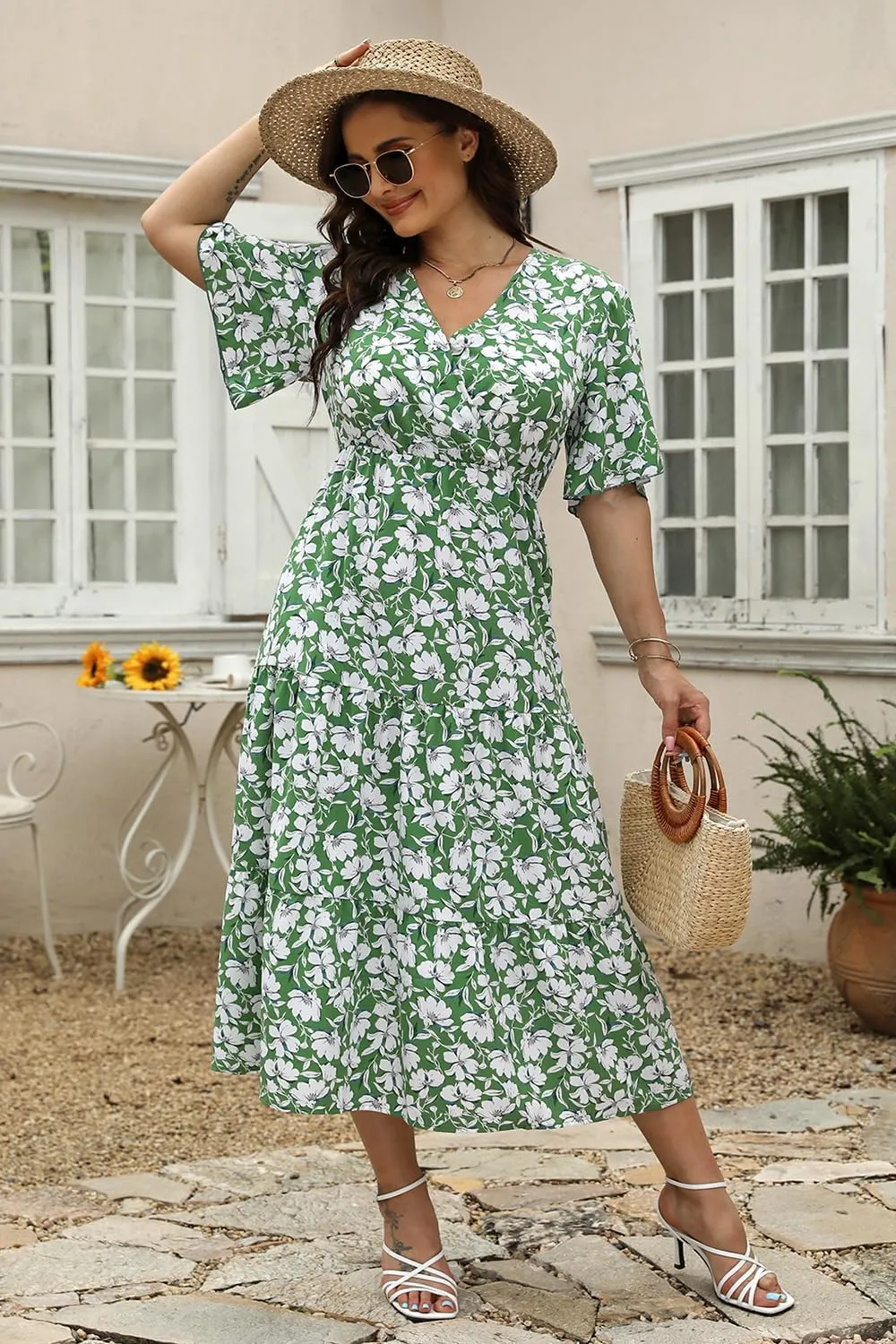Keluummi Plus Size Summer Wedding Guest Maxi Dresses for Curvy Women, Casual Floral 3/4 Sleeve Emipre Waist V Neck Long Dress