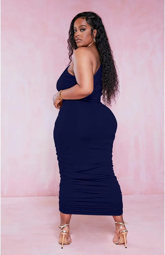 LAGSHIAN Women Sexy One Shoulder Plus Size Sleeveless Ruched Bodycon Long Party Dress