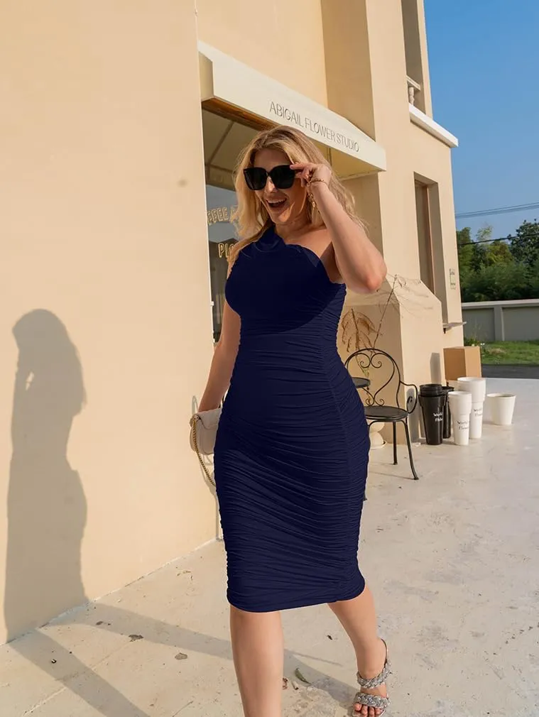 LAGSHIAN Women Sexy One Shoulder Plus Size Sleeveless Ruched Bodycon Long Party Dress