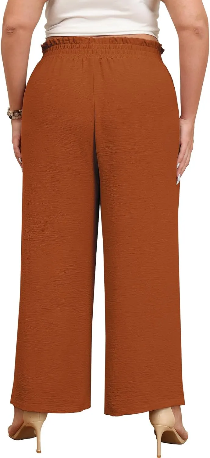 Lastshe Women's Plus Size Pants Wide Leg Work Casual Palazzo Pants Elastic High Waisted Dressy Trousers with Pockets