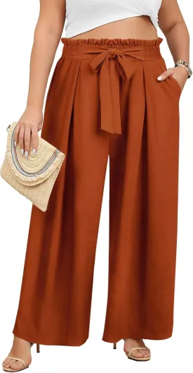 Lastshe Women's Plus Size Pants Wide Leg Work Casual Palazzo Pants Elastic High Waisted Dressy Trousers with Pockets