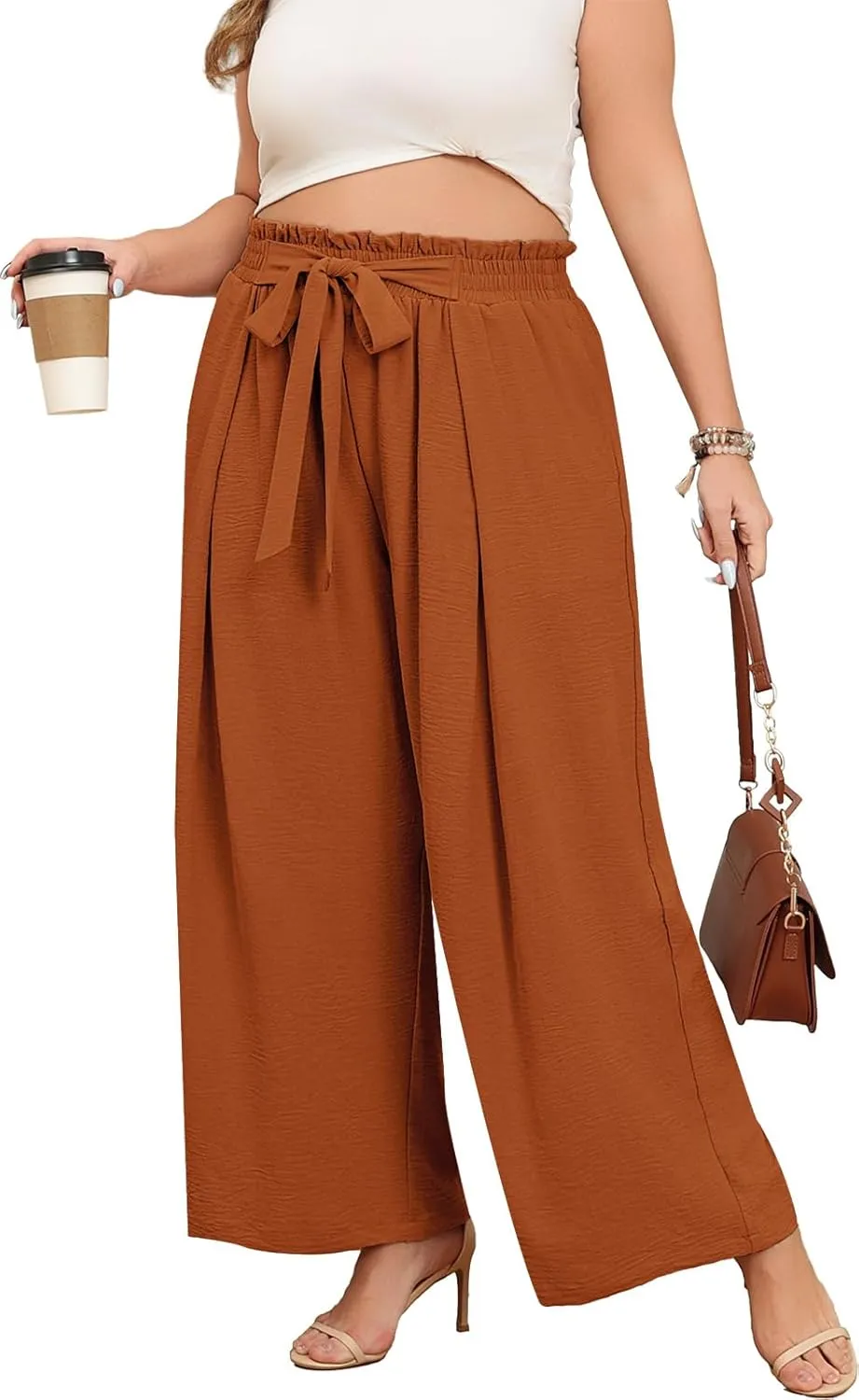 Lastshe Women's Plus Size Pants Wide Leg Work Casual Palazzo Pants Elastic High Waisted Dressy Trousers with Pockets