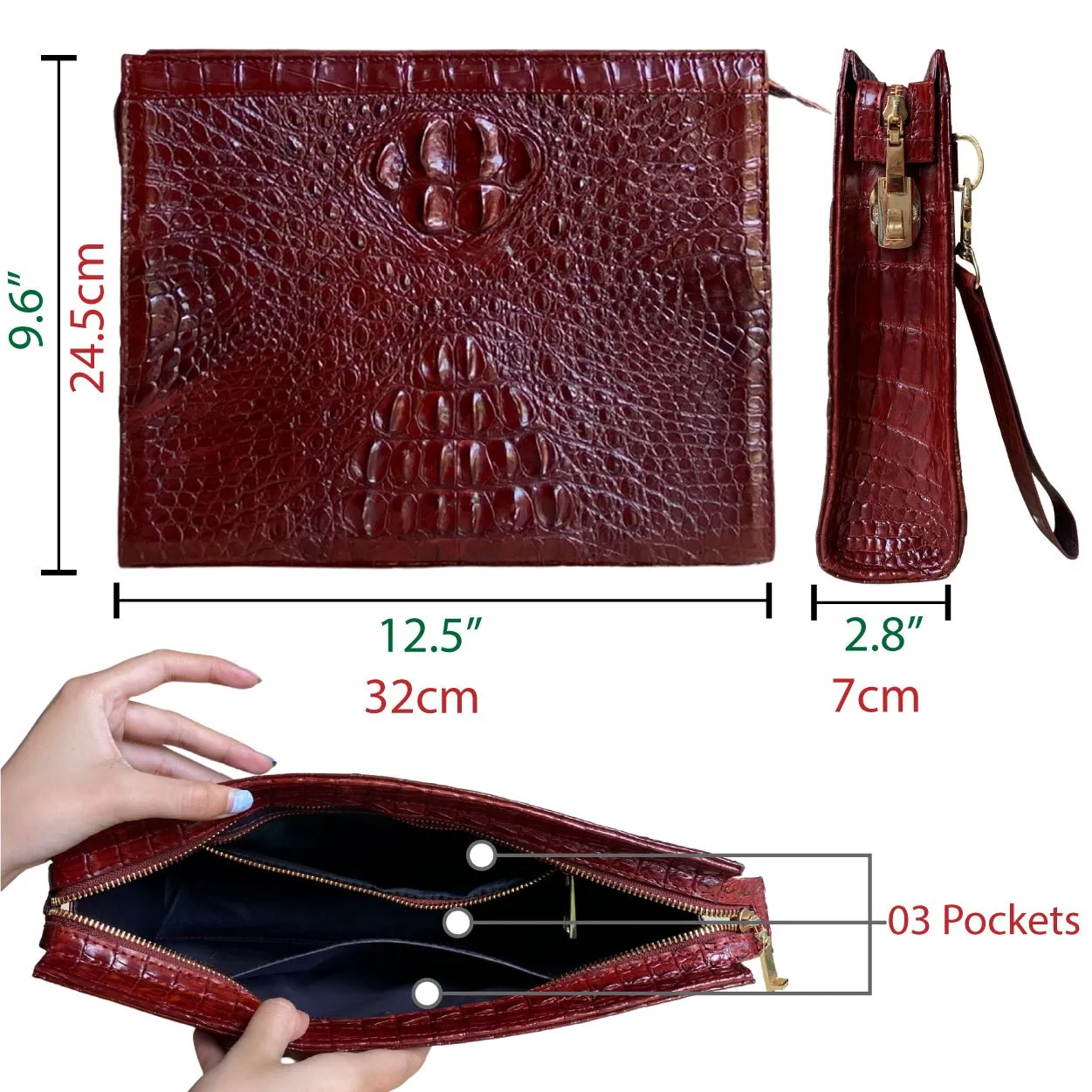 Light Brown Alligator Mens Big Wristlet Clutch Purse Business Bag Premium Crocodile Handbag RFID Blocking CLUT06