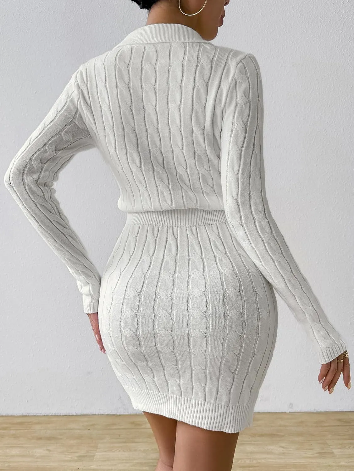 MakeMeChic Women's Casual Collared Long Sleeve Mini Dress Cable Knit V Neck Bodycon Sweater Dresses