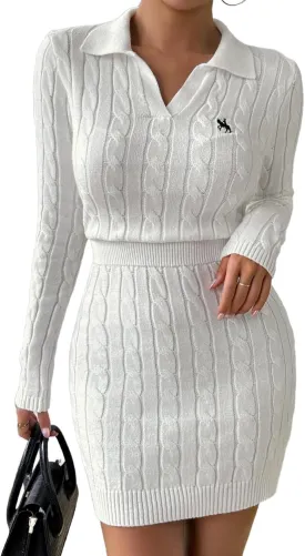 MakeMeChic Women's Casual Collared Long Sleeve Mini Dress Cable Knit V Neck Bodycon Sweater Dresses