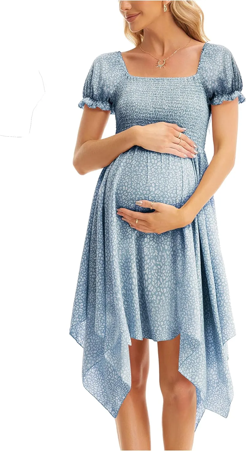 Maternity Summer Short Puff Sleeve Floral Maternity Dress, Square Neck Flowy Irregular Hem Baby Shower Dress