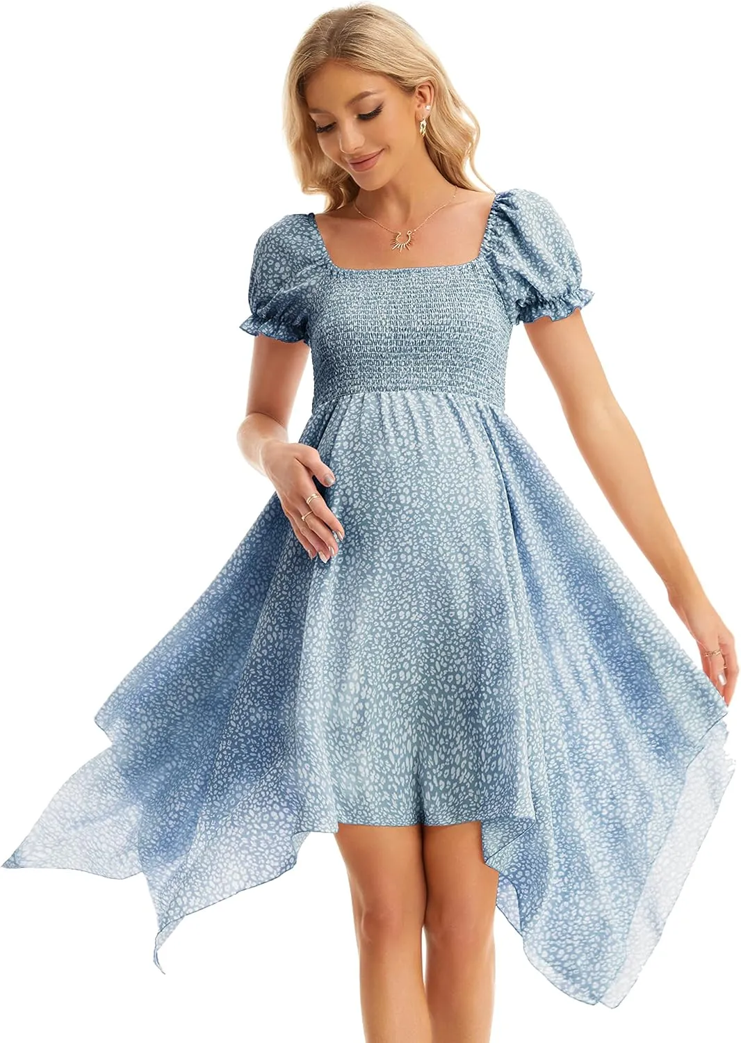 Maternity Summer Short Puff Sleeve Floral Maternity Dress, Square Neck Flowy Irregular Hem Baby Shower Dress