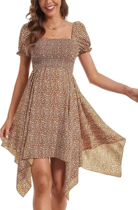 Maternity Summer Short Puff Sleeve Floral Maternity Dress, Square Neck Flowy Irregular Hem Baby Shower Dress