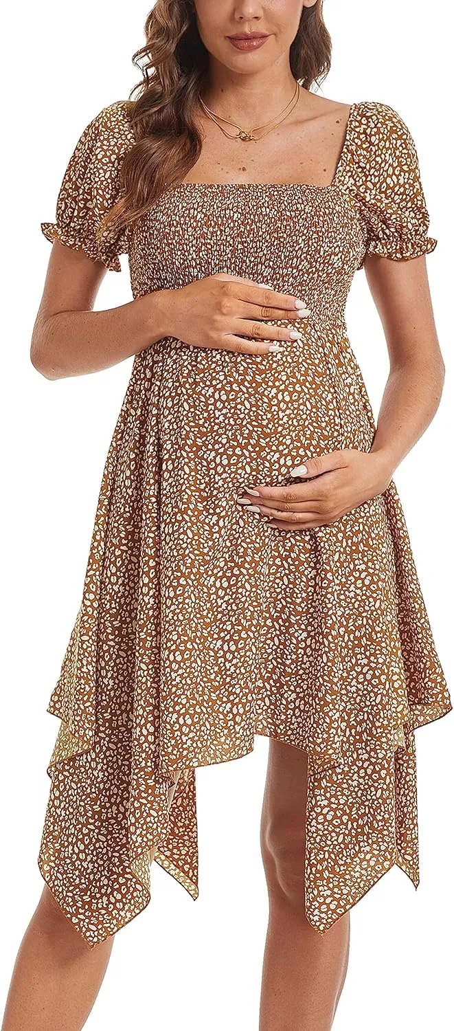 Maternity Summer Short Puff Sleeve Floral Maternity Dress, Square Neck Flowy Irregular Hem Baby Shower Dress