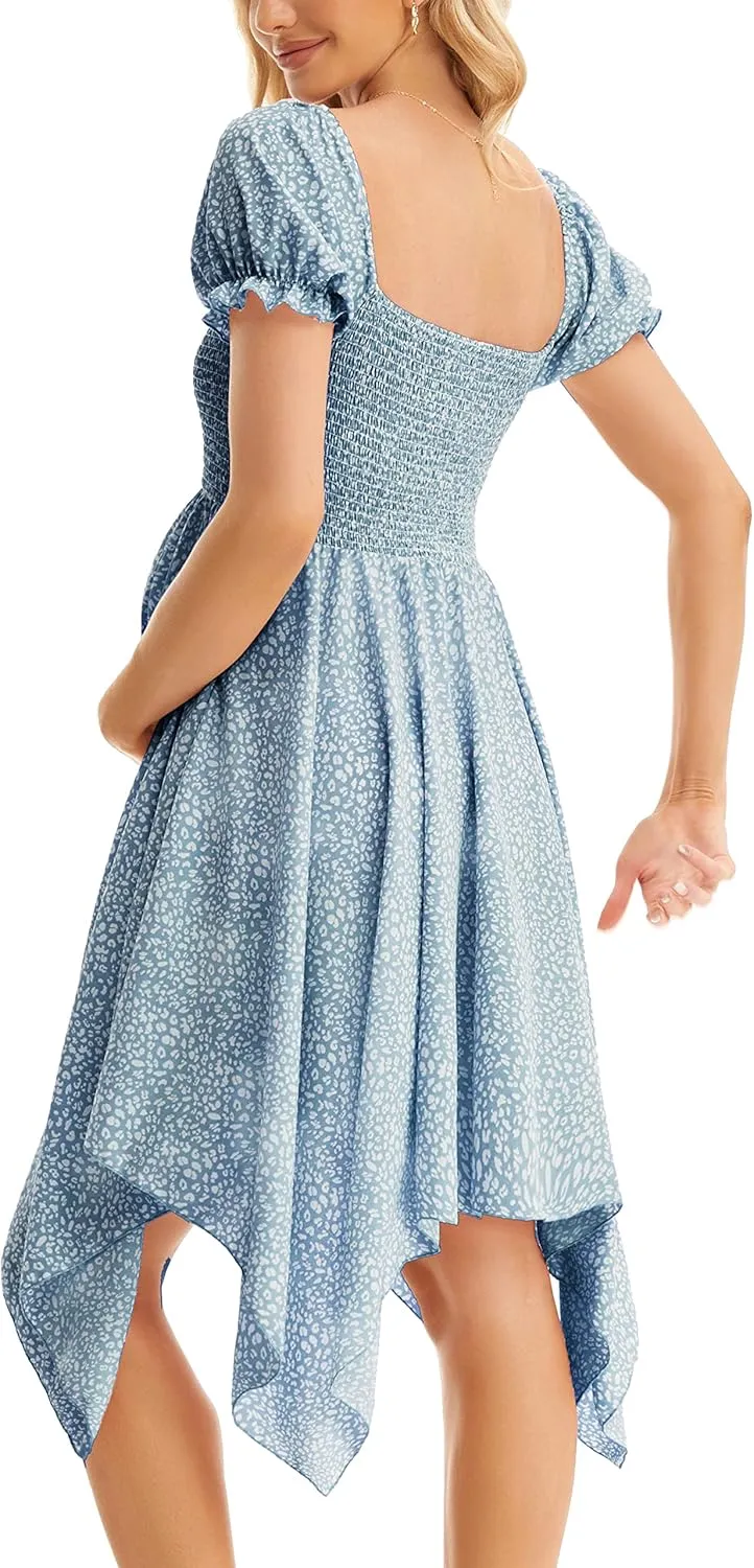Maternity Summer Short Puff Sleeve Floral Maternity Dress, Square Neck Flowy Irregular Hem Baby Shower Dress