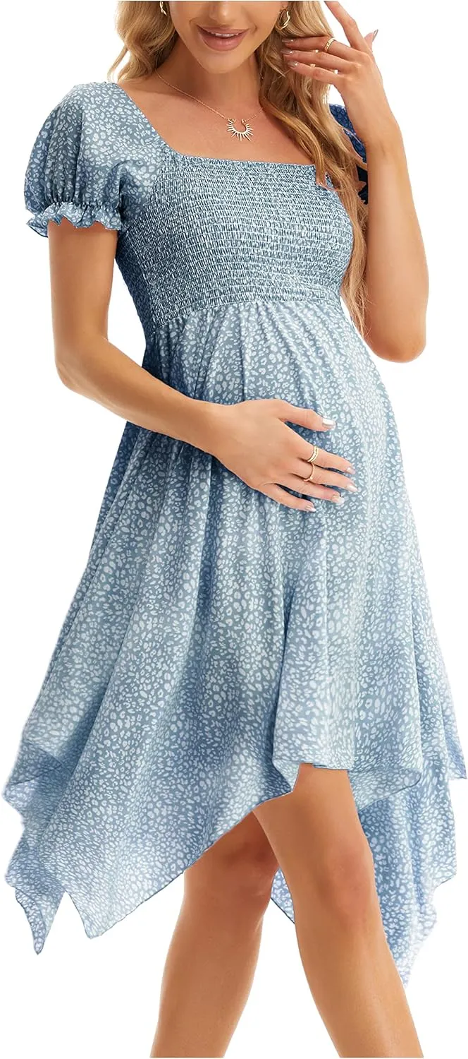 Maternity Summer Short Puff Sleeve Floral Maternity Dress, Square Neck Flowy Irregular Hem Baby Shower Dress