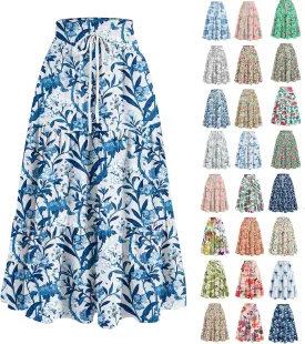 Maxi Skirts for Women Drawstring High Waisted Ruffle Tiered Floral Long Skirts with Pockets Summer Boho Vacation Outfits