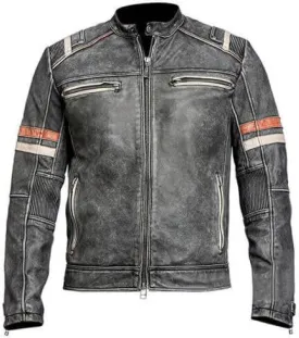 Mens Classic Vintage Elite Cafe Racer Retro Motorcycle Distressed Biker Moto Stripe Leather Jacket for men