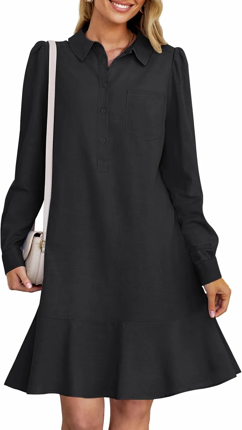 MEROKEETY Women's Casual Shirt Dress Long Sleeve Button Down Ruffle Flowy Tunic Shift Mini Dresses