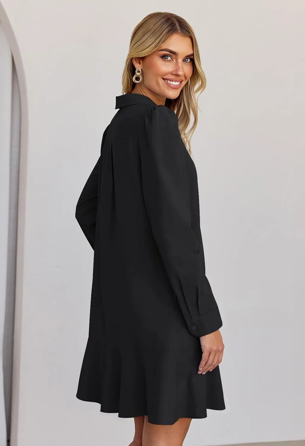 MEROKEETY Women's Casual Shirt Dress Long Sleeve Button Down Ruffle Flowy Tunic Shift Mini Dresses