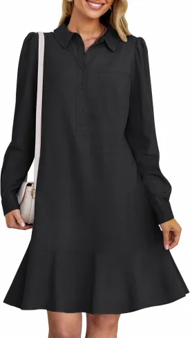 MEROKEETY Women's Casual Shirt Dress Long Sleeve Button Down Ruffle Flowy Tunic Shift Mini Dresses