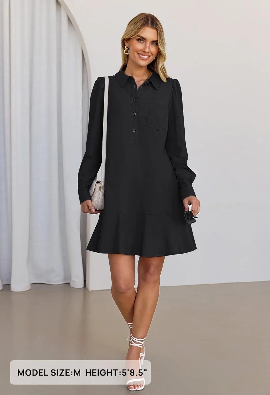 MEROKEETY Women's Casual Shirt Dress Long Sleeve Button Down Ruffle Flowy Tunic Shift Mini Dresses