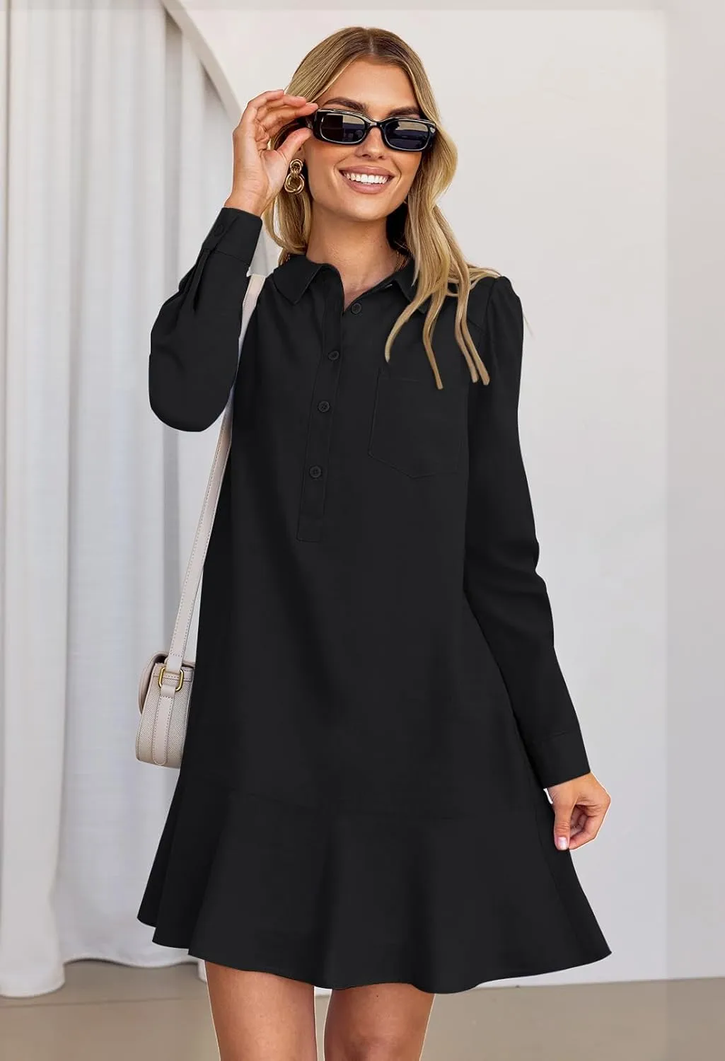 MEROKEETY Women's Casual Shirt Dress Long Sleeve Button Down Ruffle Flowy Tunic Shift Mini Dresses