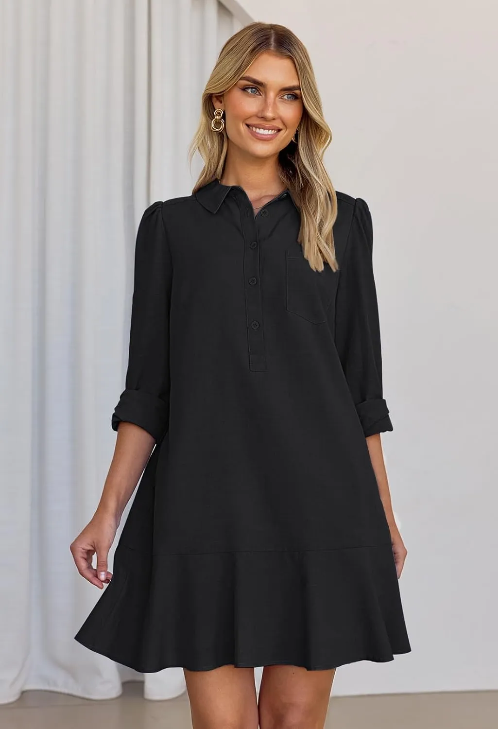 MEROKEETY Women's Casual Shirt Dress Long Sleeve Button Down Ruffle Flowy Tunic Shift Mini Dresses