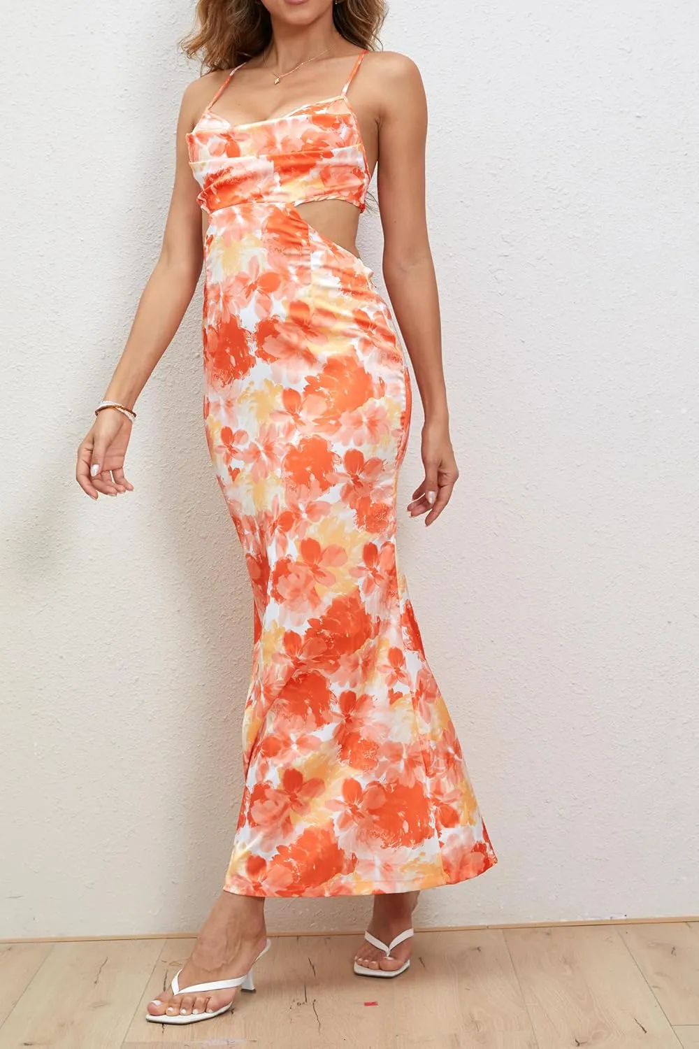 Milumia Women's Floral Cut Out Backless Dress Ruched Sleeveless Long Cocktail Party Dresses