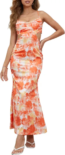 Milumia Women's Floral Cut Out Backless Dress Ruched Sleeveless Long Cocktail Party Dresses